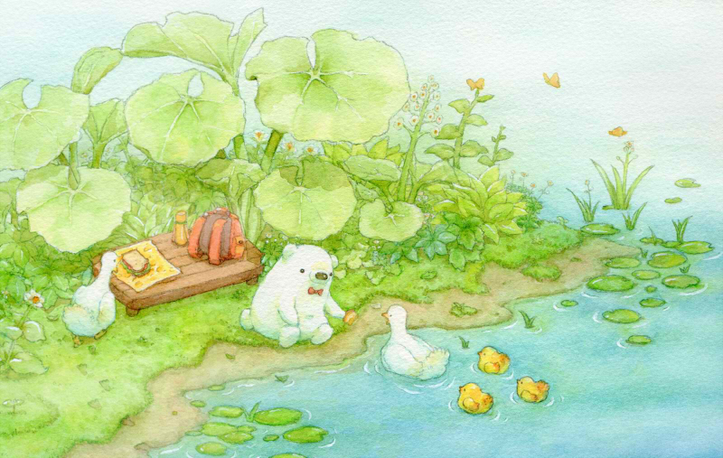 backpack backpack_removed bag bear bird bowtie colored_pencil_(medium) duck duckling flower grass lily_pad no_humans original outdoors polar_bear sandwich sitting st.kuma traditional_media water watercolor_(medium)