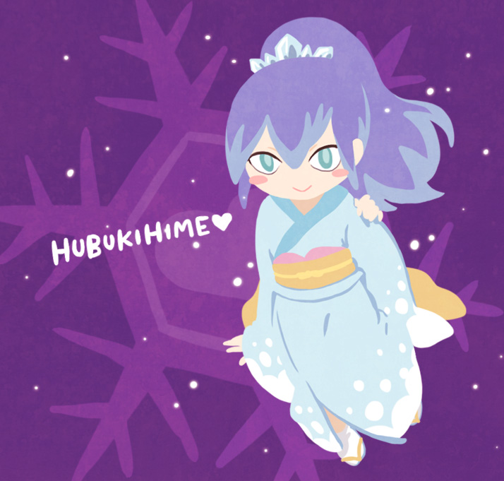 1girl blue_hair blush_stickers character_name chuno fubukihime heart high_ponytail japanese_clothes kimono long_hair looking_at_viewer multicolored_hair purple_background purple_hair sandals smile snowflakes socks solo two-tone_hair youkai youkai_watch