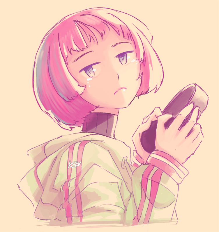 :| android blank_stare dorothy_(va-11_hall-a) headphones holding_headphones kiririn51 light_frown looking_at_viewer pink_hair shaft_look short_hair signature simple_background tagme track_jacket upper_body va-11_hall-a