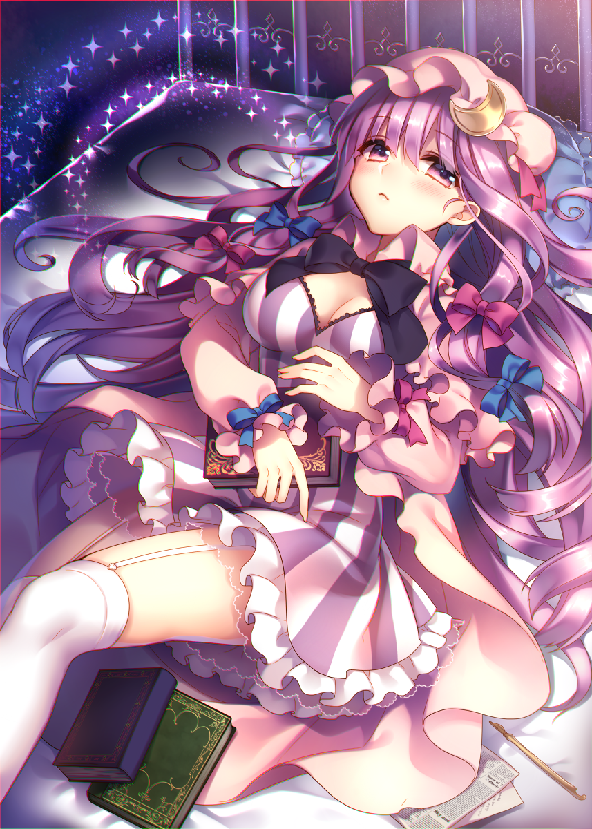 1girl bed blue_eyes blush book breasts cleavage crescent garter_straps hat highres large_breasts long_hair looking_at_viewer lying masaru.jp on_back patchouli_knowledge pillow purple_hair solo thigh-highs touhou violet_eyes white_legwear