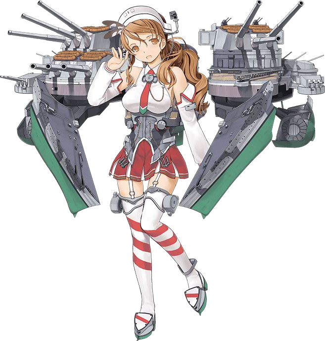 1girl bare_shoulders breasts brown_hair detached_sleeves hair_ornament hat italia_(kantai_collection) jiji kantai_collection looking_at_viewer machinery necktie official_art red_skirt skirt solo striped striped_legwear thigh-highs transparent_background white_legwear