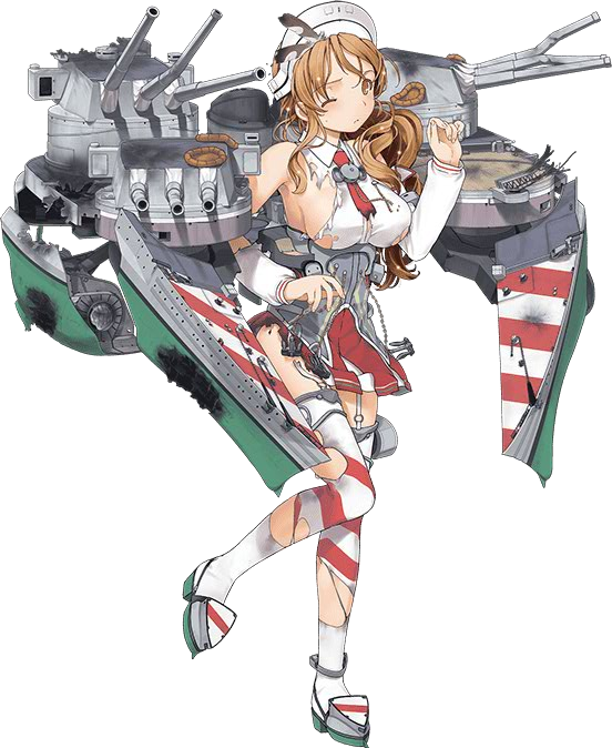 1girl bare_shoulders breasts brown_eyes brown_hair damaged detached_sleeves hair_ornament hat jiji kantai_collection littorio_(kantai_collection) machinery necktie official_art one_eye_closed red_skirt skirt solo striped striped_legwear thigh-highs torn_clothes torn_skirt transparent_background white_legwear