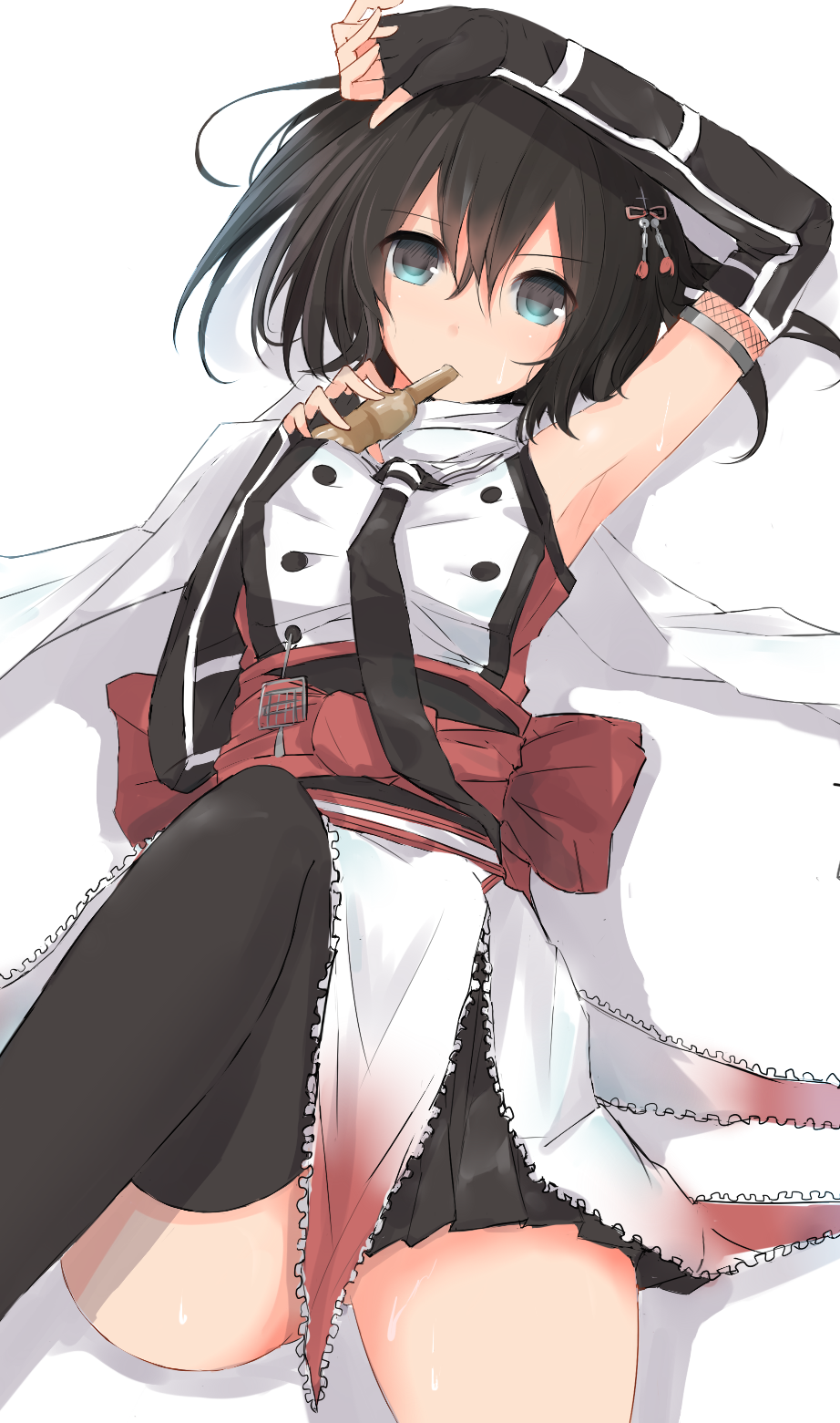 1girl arm_on_head arm_up armpits black_hair black_legwear black_skirt blue_eyes elbow_gloves fingerless_gloves gloves highres hot kantai_collection looking_at_viewer lying nao_(qqqbb) neckerchief obi on_back one_leg_raised pleated_skirt remodel_(kantai_collection) sailor_collar sash scarf sendai_(kantai_collection) short_hair simple_background single_thighhigh skirt solo sweat thigh-highs tupet two_side_up white_background white_scarf