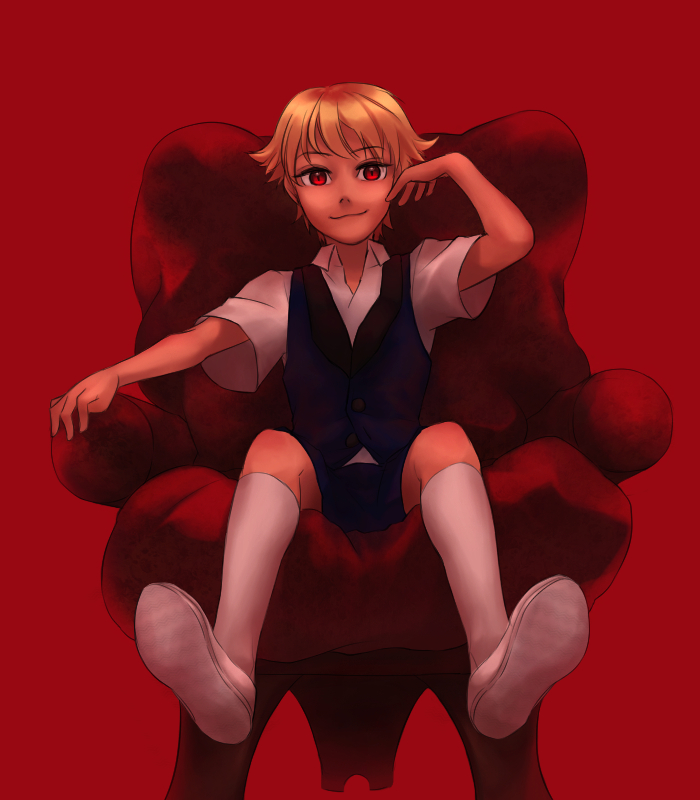 1boy :3 blonde_hair chair child child_gilgamesh fate/hollow_ataraxia fate_(series) gilgamesh male_focus red_eyes short_hair sitting smile younger