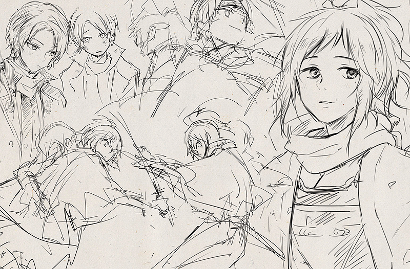 2boys blush face haori high_ponytail japanese_clothes kashuu_kiyomitsu katana male_focus mole mole_under_eye monochrome multiple_boys nuriko-kun parted_lips ponytail scarf sheath shinsengumi sketch sword touken_ranbu upper_body weapon yamato-no-kami_yasusada