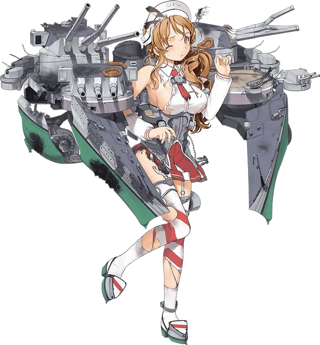 1girl bare_shoulders breasts brown_eyes brown_hair damaged detached_sleeves hair_ornament hat italia_(kantai_collection) jiji kantai_collection machinery necktie official_art one_eye_closed red_skirt skirt solo striped striped_legwear thigh-highs torn_clothes torn_skirt transparent_background white_legwear