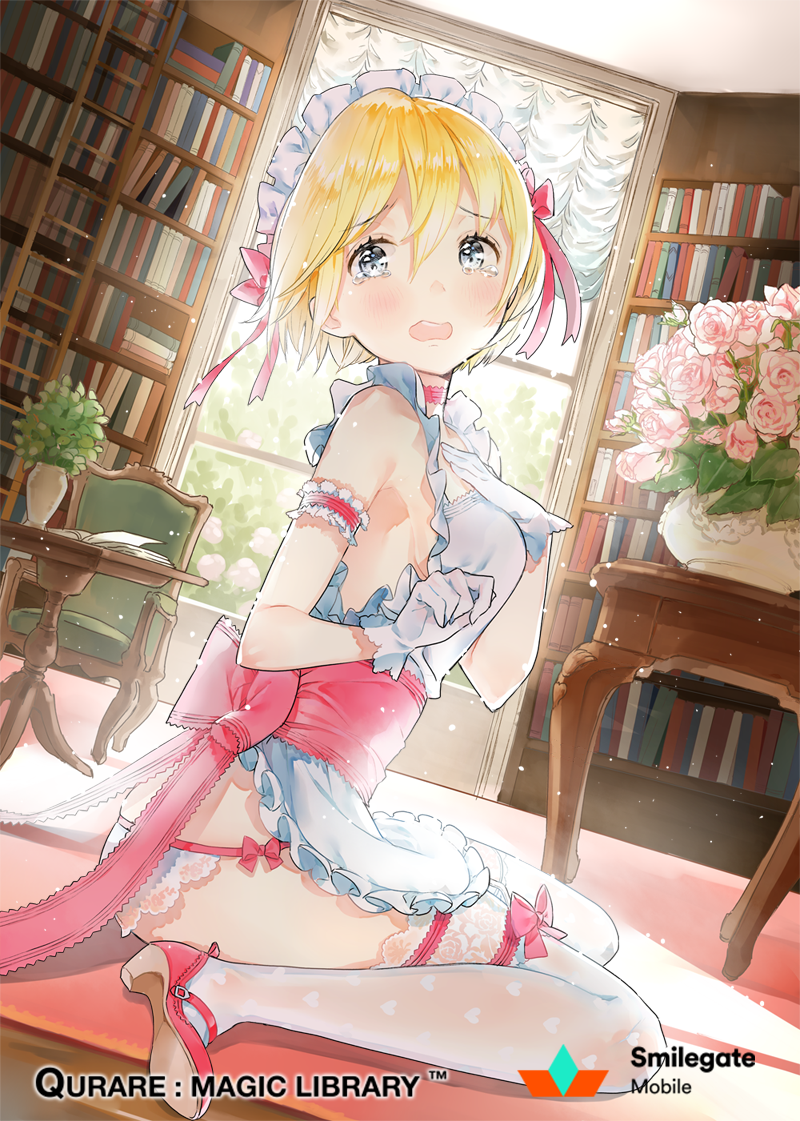 1girl anco_(melon85) apron armband blonde_hair blush book bookshelf chair flower flower_pot frilled_apron frilled_collar frilled_ribbon gloves grey_eyes hair_ribbon hand_on_own_chest high_heels lace lace-trimmed_panties lace-trimmed_thighhighs maid maid_headdress official_art open_book original panties qurare_magic_library ribbon sash short_hair solo table tears thigh-highs underwear watermark wavy_mouth white_gloves white_legwear window wooden_chair wooden_table