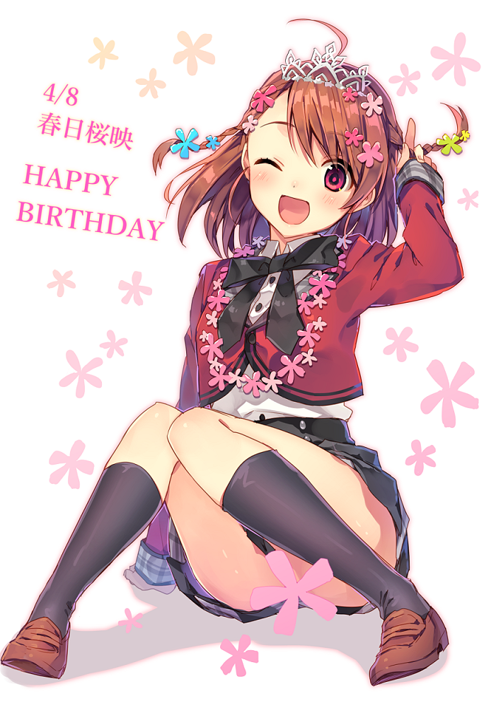 1girl ;d ahoge black_legwear braid brown_hair brown_shoes censored character_name cropped_jacket dated floral_background flower flower_necklace hair_flower hair_ornament happy_birthday jewelry kneehighs natsu_natsuna necklace one_eye_closed open_mouth ribbon shoes sitting skirt smile solo tiara trinity_tempo violet_eyes