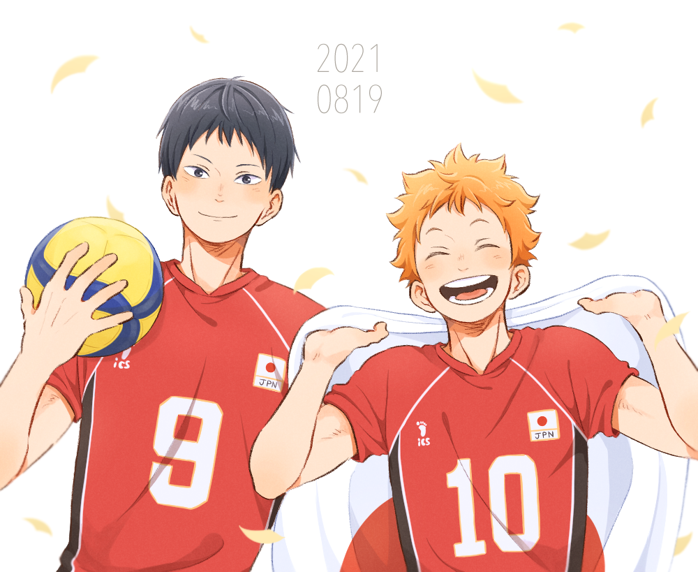 2021 2boys ball black_hair blue_eyes closed_mouth commentary_request dated facing_viewer feathers flag haikyuu!! hinata_shouyou holding holding_ball holding_flag kageyama_tobio laugh_111 looking_at_viewer male_focus multiple_boys open_mouth orange_hair short_hair smile sportswear teeth volleyball volleyball_uniform