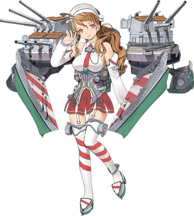 1girl bare_shoulders breasts brown_hair detached_sleeves hair_ornament hat jiji kantai_collection littorio_(kantai_collection) looking_at_viewer machinery necktie official_art red_skirt skirt solo striped striped_legwear thigh-highs transparent_background white_legwear