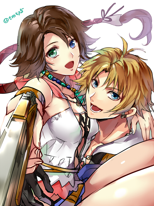 1boy 1girl :d aiming blonde_hair blue_eyes brown_hair carrying earrings final_fantasy final_fantasy_x final_fantasy_x-2 green_eyes gun heterochromia jewelry open_mouth shiny shiny_skin short_hair smile tama_(tmfy5) tidus twitter_username weapon white_background yuna