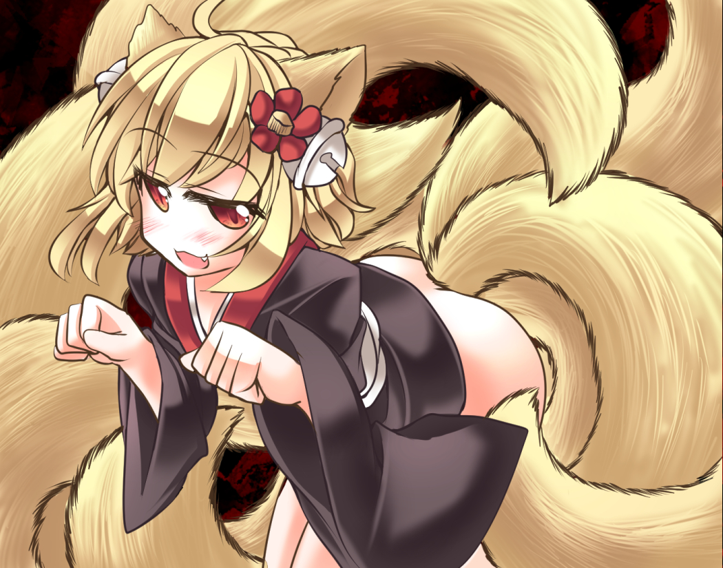 1girl animal_ears bell bent_over blonde_hair bottomless fang flower fox_ears fox_tail hair_bell hair_flower hair_ornament inari_(sennen_sensou_aigis) japanese_clothes kimono long_sleeves multiple_tails mumumu no_panties open_mouth paw_pose red_eyes sennen_sensou_aigis smile solo tail wide_sleeves