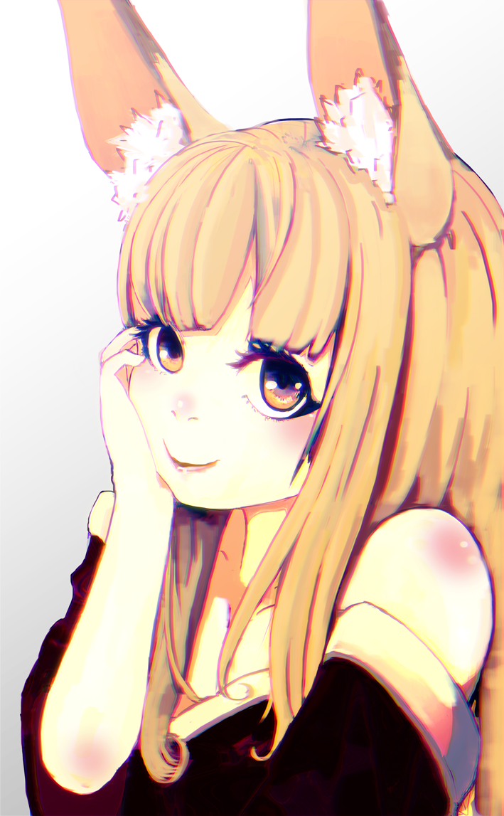 1girl amber_eyes animal_ears artist_request bangs bare_shoulders blonde_hair fox_ears hand_on_own_cheek looking_at_viewer original simple_background smile solo white_background