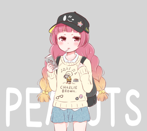 1girl backpack bag bangs blunt_bangs blush braid candy cellphone charlie_brown check_(check_book) collared_shirt gradient_hair grey_background hair_bobbles hair_ornament harumi_shinju hat holding_strap lollipop mouth_hold multicolored_hair musical_note_print peanuts phone shirt simple_background skirt smartphone solo sweater tokyo_7th_sisters twin_braids violet_eyes