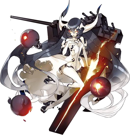 1girl anchorage_water_oni black_hair burnt_clothes cannon dress fire glowing glowing_eyes gradient_hair grey_hair horns kantai_collection long_hair machinery multicolored_hair orange_eyes pale_skin runway shinkaisei-kan solo torn_clothes torn_dress transparent_background very_long_hair white_hair