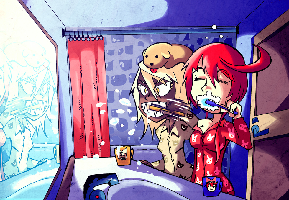 2girls animal_on_head bathroom blonde_hair brushing_teeth character_print closed_eyes colored_eyelashes crazy_smile cup dark_skin dog dog_on_head doorknob elphelt_valentine faucet guilty_gear guilty_gear_xrd mirror motion_blur mug multiple_girls off_shoulder pajamas ramlethal_valentine redhead setz sharp_teeth shower_curtain siblings sisters tongue tongue_out toothbrush yellow_eyes