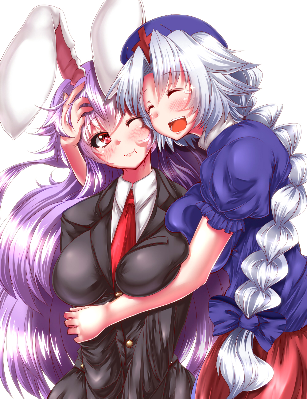 2girls animal_ears blazer blush braid breast_squeeze breasts cheek-to-cheek closed_eyes commentary_request hand_in_another's_hair hat highres hug large_breasts long_hair long_sleeves multiple_girls necktie nurse_cap one_eye_closed open_mouth puffy_short_sleeves puffy_sleeves purple_hair rabbit_ears reisen_udongein_inaba short_sleeves silver_hair smile touhou v_arms very_long_hair yagokoro_eirin zan_(harukahime)