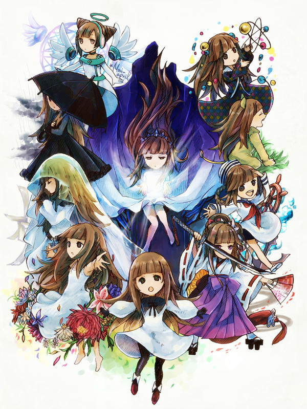 1girl animal_costume brown_hair closed_eyes deemo dress flower geta girl_(deemo) hakama japanese_clothes katana lion_costume looking_at_viewer moriharu multiple_persona outstretched_arms songover spread_arms sword twintails umbrella veil weapon