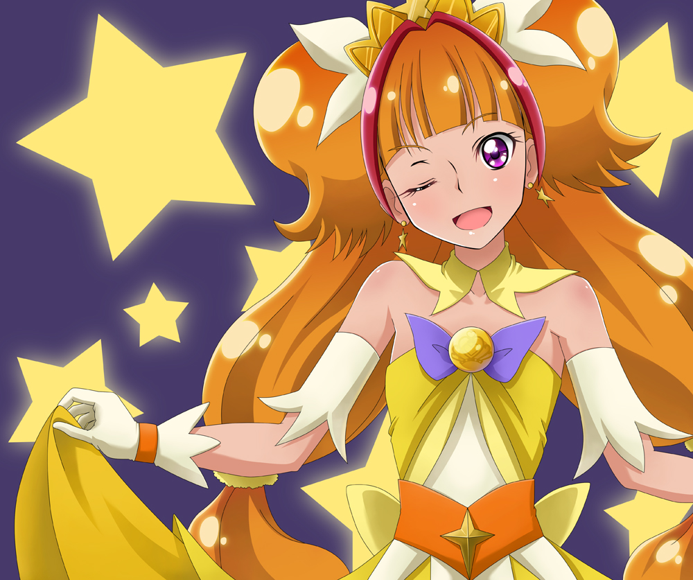 1girl ;d amanogawa_kirara bare_shoulders choker cure_twinkle earrings gloves go!_princess_precure jewelry jouban_minato looking_at_viewer multicolored_hair one_eye_closed open_mouth orange_hair precure redhead smile solo star star_earrings twintails two-tone_hair violet_eyes white_gloves