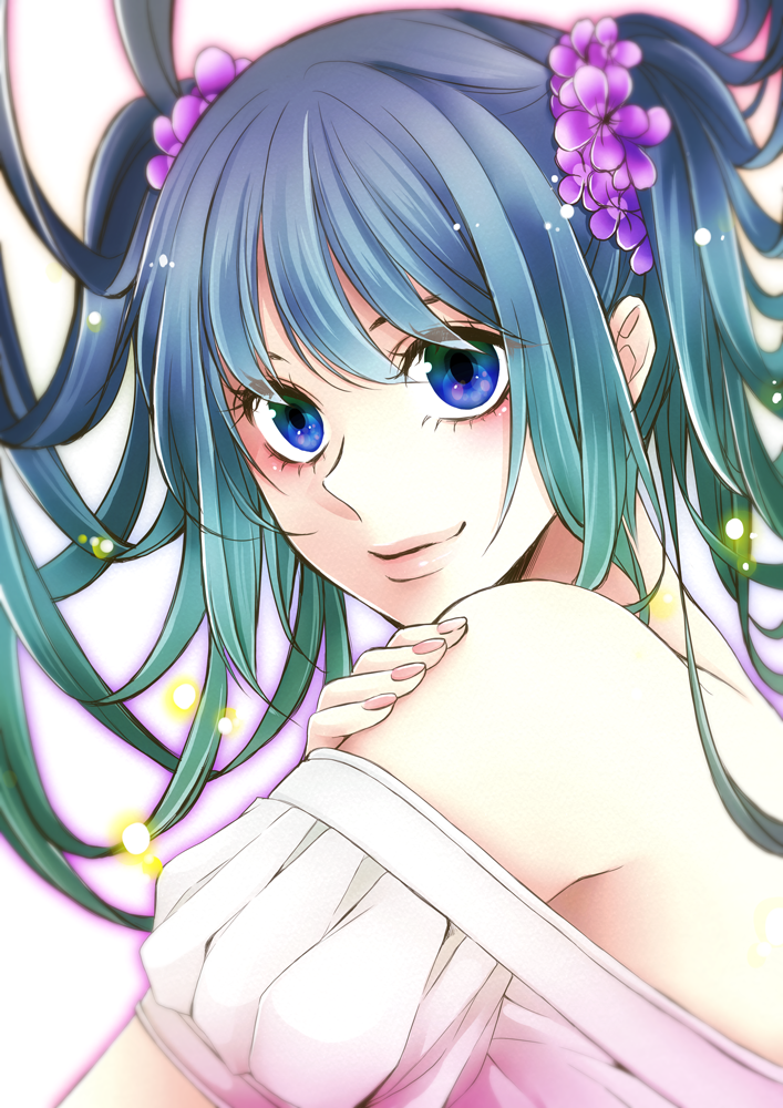 1girl aqua_hair asami_yoruko blue_eyes flower hair_flower hair_ornament hatsune_miku long_hair looking_at_viewer nail_polish pink_nails smile twintails vocaloid