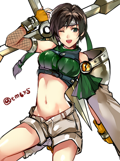 1girl ;d bare_shoulders black_hair breasts crop_top cropped_sweater female final_fantasy final_fantasy_vii gloves green_eyes leg_up looking_at_viewer medium_breasts midriff navel one_eye_closed open_mouth shoes short_hair short_shorts shorts shuriken simple_background sleeveless sleeveless_sweater sleeveless_turtleneck smile solo sweater tama_(tmfy5) turtleneck turtleneck_sweater twitter_username white_background yuffie_kisaragi