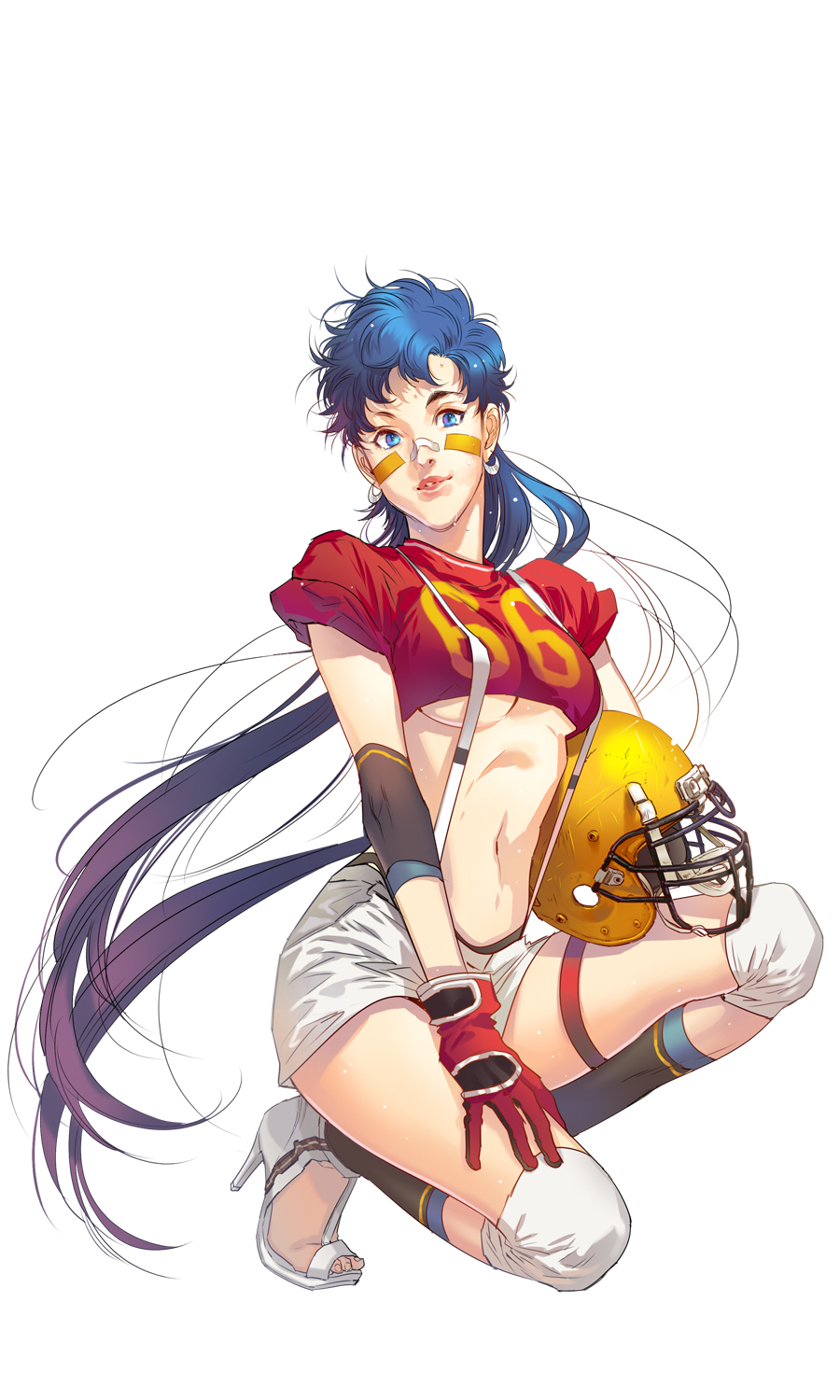 1girl bandaid bishoujo_senshi_sailor_moon blue_eyes blue_hair breasts earrings full_body gloves hair_down hakari1909 hand_on_own_thigh helmet high_heels highres jewelry kneeling long_hair number parted_lips red_gloves rugby_uniform seiya_kou shoes shorts solo sportswear suspenders sweat under_boob very_long_hair white_background white_shoes