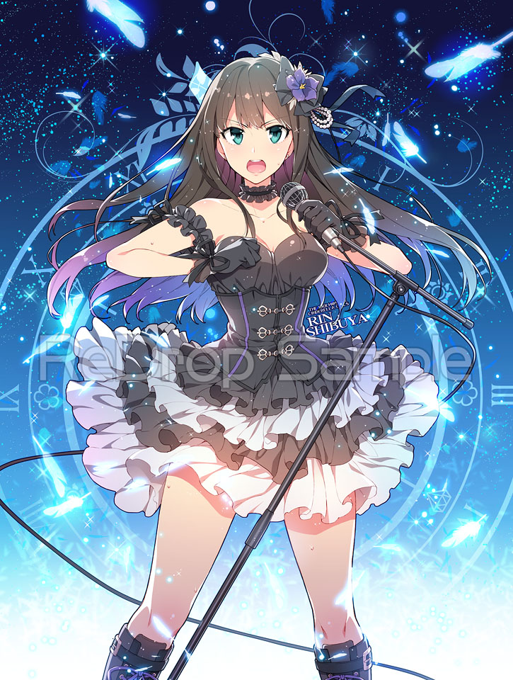 1girl bare_shoulders blush boots brown_hair dress flower green_eyes hair_flower hair_ornament idolmaster idolmaster_cinderella_girls long_hair looking_at_viewer microphone microphone_stand open_mouth redrop sample shibuya_rin solo