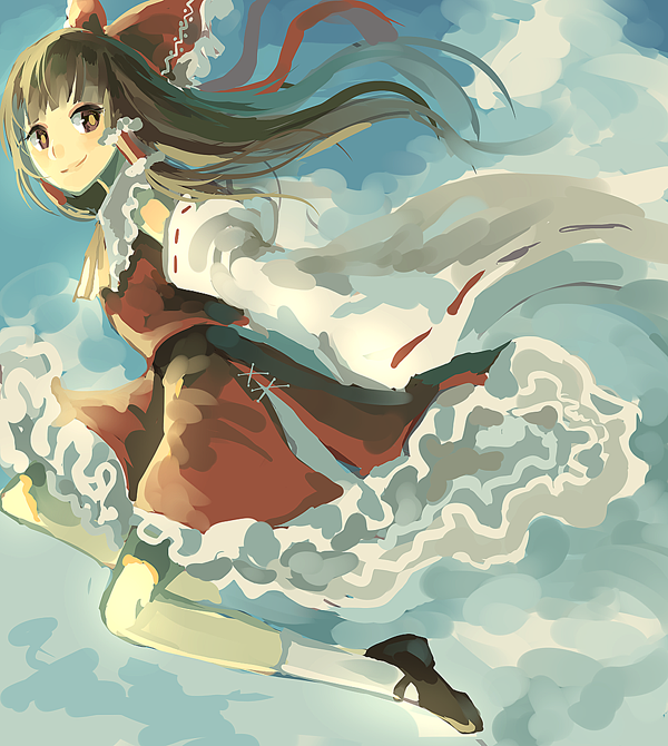 1girl ascot bow brown_eyes brown_hair clouds detached_sleeves frills full_body hair_bow hair_ornament hair_tubes hakurei_reimu japanese_clothes long_hair long_sleeves looking_at_viewer mary_janes miko shirt shoes silence_girl skirt skirt_set sky smile socks solo touhou white_legwear wide_sleeves