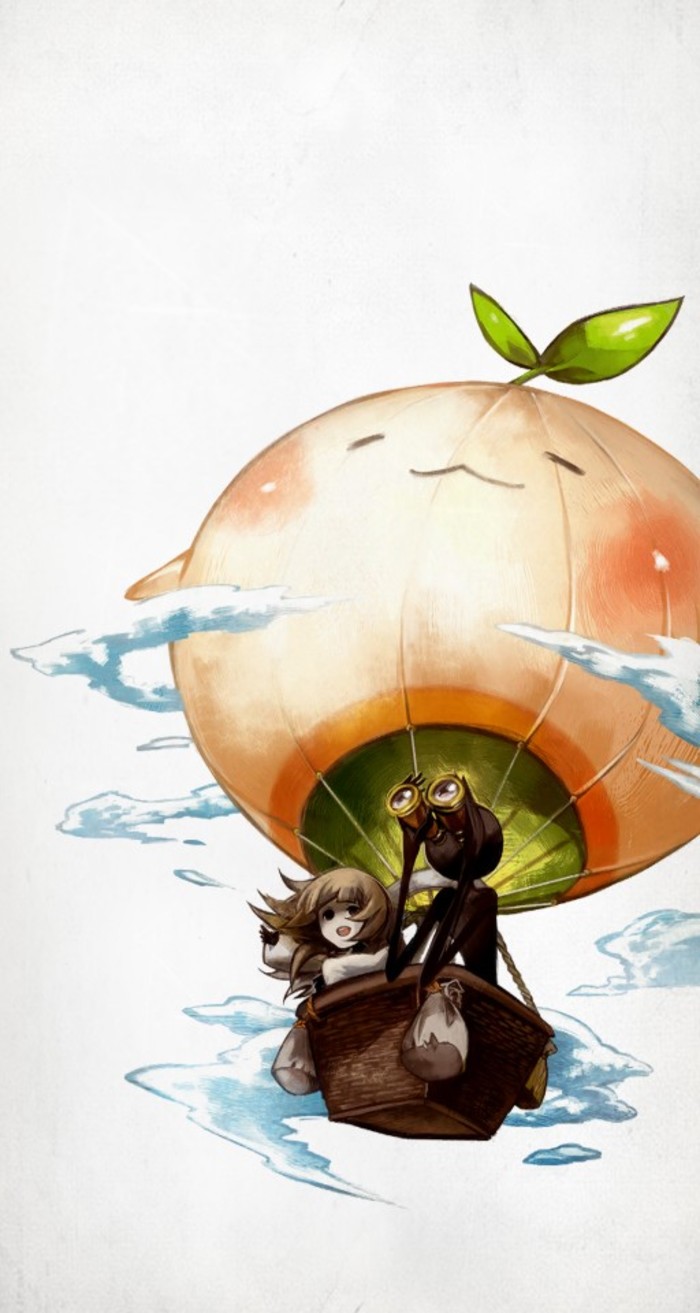 1girl beyond_the_stratus_(deemo) binoculars deemo deemo_(character) girl_(deemo) happy highres hot_air_balloon looking_up official_art pointing smile