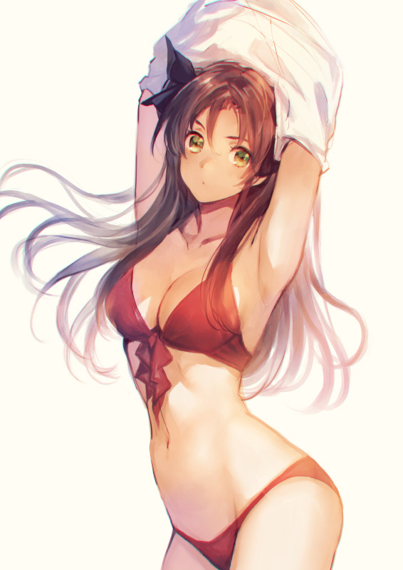 1girl armpits arms_up bikini blush breasts brown_hair cleavage fate/stay_night fate_(series) front-tie_top furikawa_arika green_eyes hair_ribbon long_hair navel red_bikini ribbon simple_background solo swimsuit toosaka_rin two_side_up undressing white_background