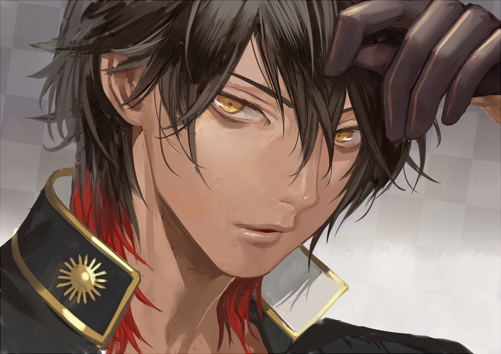 1boy amber_eyes black_gloves brown_hair face gloves hs2 male_focus multicolored_hair ookurikara redhead solo touken_ranbu two-tone_hair