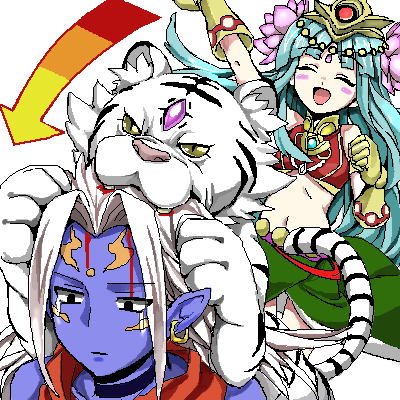 1boy 1girl :d ^_^ animal bare_shoulders biting blood blue_hair blush closed_eyes directional_arrow earrings flower hair_flower hair_ornament husband_and_wife jewelry long_hair lotus lowres navel open_mouth parvati_(p&amp;d) pn2_maru purple_skin puzzle_&amp;_dragons shiva_(p&amp;d) smile tiger white_tiger