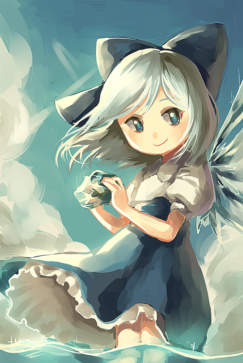 1girl adapted_costume alternate_costume blue_eyes blue_hair bow cirno clouds fairy frills frog frozen hair_bow hair_ornament ice ice_wings looking_at_viewer partially_submerged puffy_sleeves shirt short_hair short_sleeves silence_girl skirt sky smile solo touhou water wings