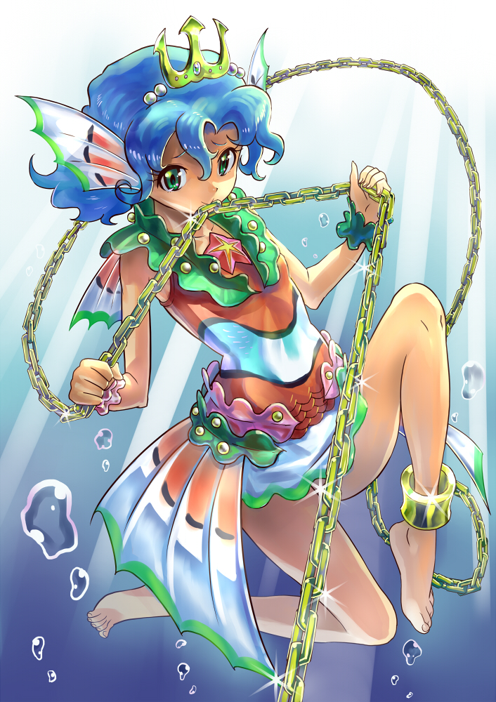 1girl blue_hair chain convenient_censoring dress fins green_eyes princess_royale short_dress short_hair underwater washi_no_tosaka