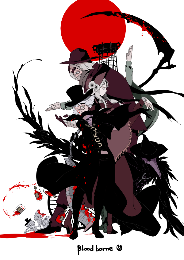 2boys 2girls bandage_over_one_eye blood bloodborne bonnet cloak doll_joints eileen_the_crow gehrman_the_first_hunter givuchoko glasses green_eyes grin hat hunter_(bloodborne) looking_at_viewer mask messengers_(bloodborne) moon multiple_boys multiple_girls plain_doll polearm rakuchii_(rurituvo) red_moon scythe smile spear toph_bei_fong weapon wheelchair white_hair witch_hat