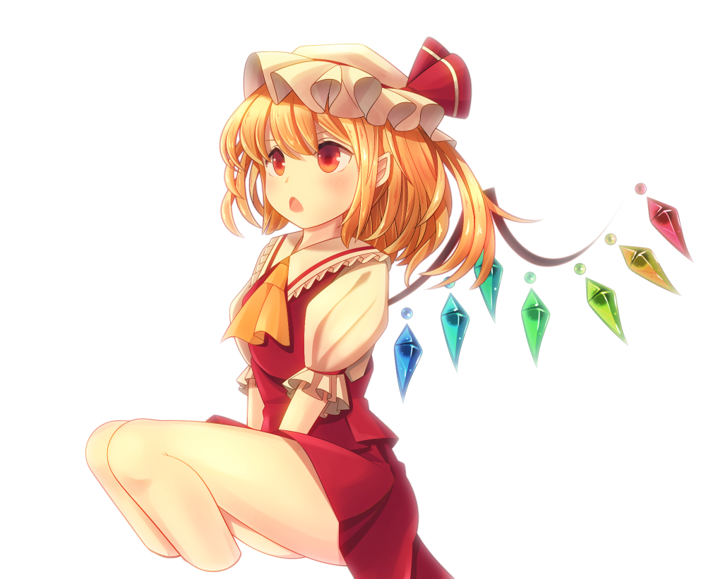 1girl ascot blonde_hair dress flandre_scarlet hat hat_ribbon mob_cap oimo_(imoyoukan) open_mouth puffy_short_sleeves puffy_sleeves red_dress red_eyes ribbon shirt short_sleeves sitting solo touhou v_arms wings