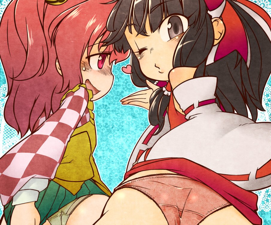 2girls apron ass back bell black_hair blue_background blush bow brown_eyes checkered checkered_shirt detached_sleeves hair_bell hair_bow hair_ornament hair_tubes hakurei_reimu hamahara_yoshio heart japanese_clothes long_sleeves looking_at_another looking_at_viewer looking_back miko motoori_kosuzu multiple_girls one_eye_closed open_mouth orange_hair panties ponytail profile red_eyes shirt skirt skirt_set sweatdrop touhou twintails underwear wavy_mouth wide_sleeves