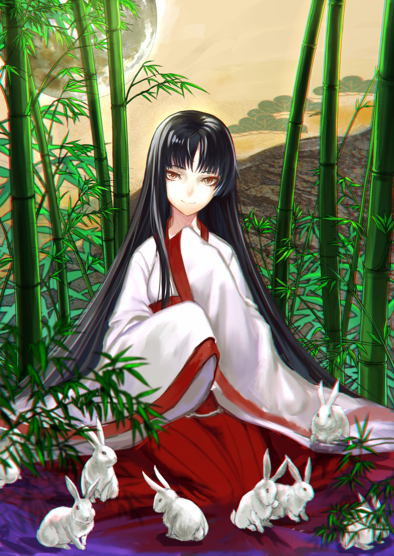 1girl alternate_costume animal bamboo bamboo_forest black_hair brown_eyes chromatic_aberration forest full_moon houraisan_kaguya japanese_clothes leaf long_hair long_sleeves looking_at_viewer moon nature rabbit shirt sitting skirt smile sw_(2311550438) touhou very_long_hair wide_sleeves