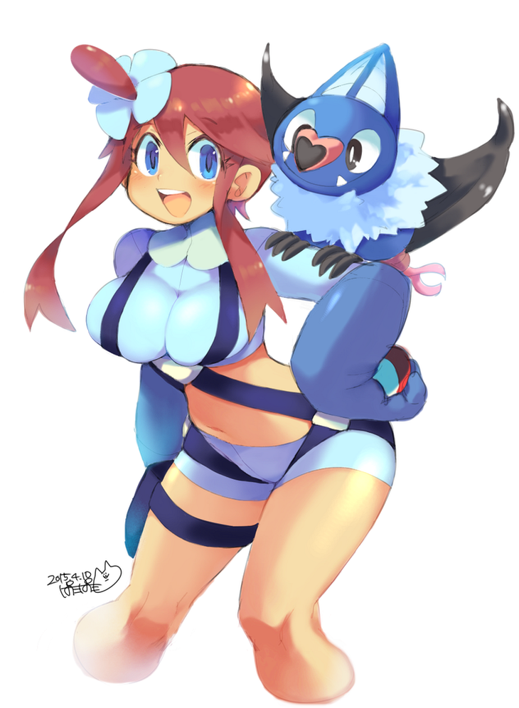 1girl blue_eyes breasts brown_hair fuuro_(pokemon) iroyopon large_breasts long_hair navel pokemon pokemon_(creature) pokemon_(game) pokemon_bw woobat