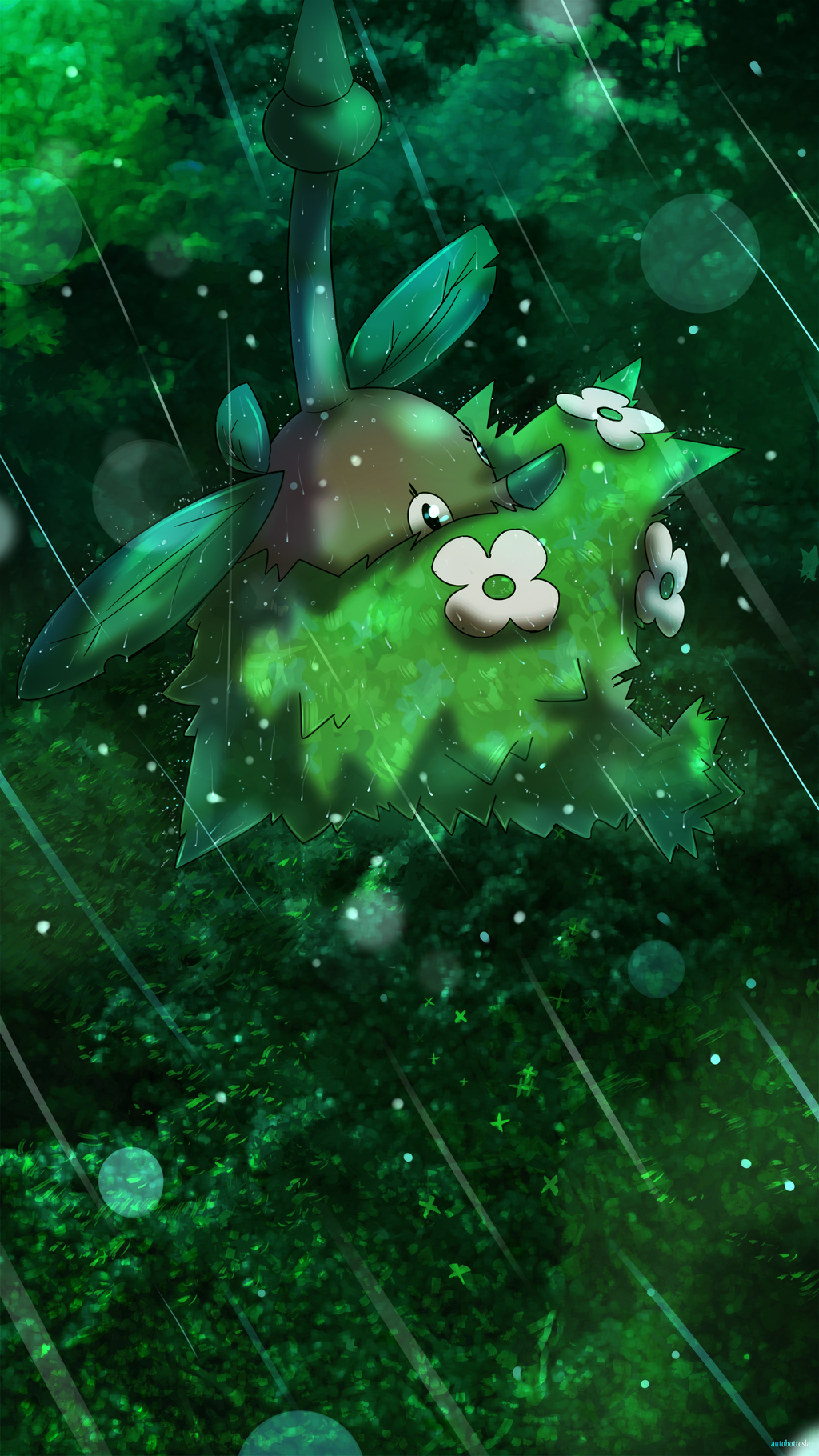 autobottesla highres leaf leaf_background no_humans pokemon pokemon_(creature) rain wormadam