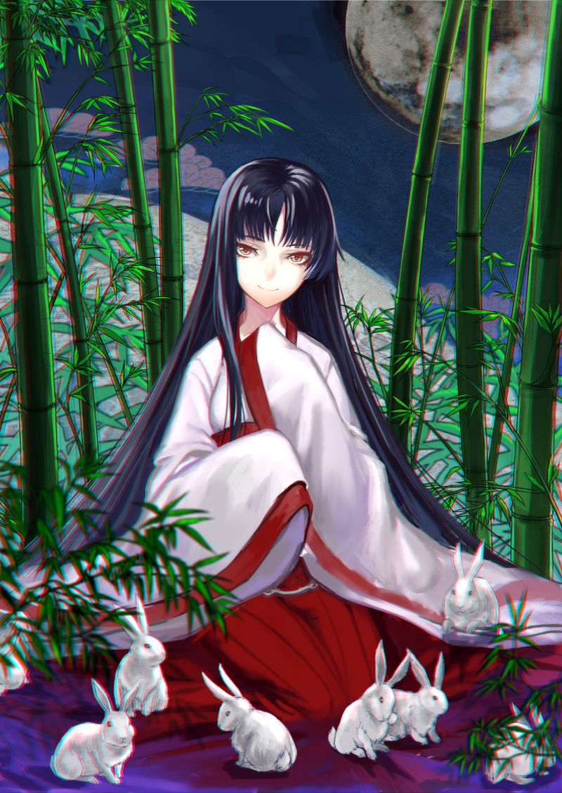 1girl alternate_costume animal bamboo bamboo_forest black_hair brown_eyes chromatic_aberration forest full_moon houraisan_kaguya japanese_clothes leaf long_hair long_sleeves looking_at_viewer moon nature night rabbit shirt sitting skirt smile sw_(2311550438) touhou very_long_hair wide_sleeves