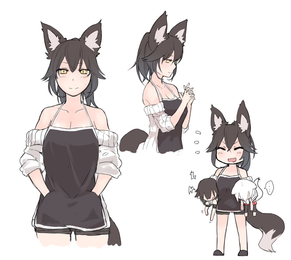 amber_eyes animal_ears apron bare_shoulders black_hair breasts child cleavage fox_ears fox_tail hands_in_pockets holding interlocked_fingers nanashi_(shirogane_usagi) ponytail shirogane_usagi short_shorts shorts sleeves_rolled_up smile sweater tail