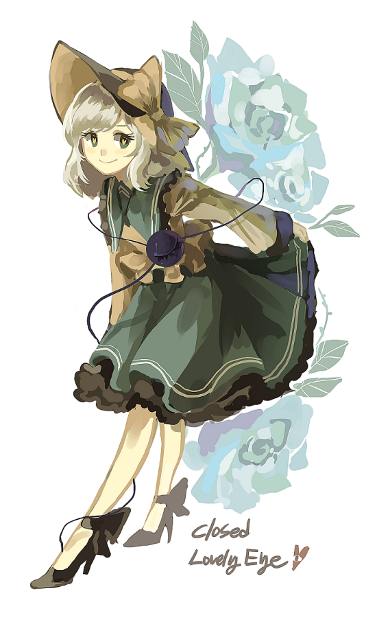 1girl bow english eyeball flower frills full_body green_eyes green_hair hat hat_bow heart heart-shaped_pupils high_heels komeiji_koishi long_sleeves looking_at_viewer rose shirt short_hair silence_girl simple_background skirt skirt_hold smile solo string symbol-shaped_pupils text third_eye touhou white_background wide_sleeves