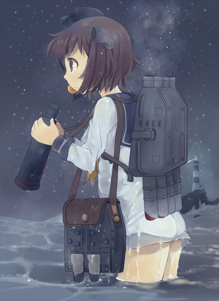 1girl binoculars brown_eyes brown_hair headgear kantai_collection lanyard lighthouse long_sleeves machinery neckerchief night night_sky oluha panties partially_submerged sailor_collar sailor_dress see-through short_hair sky solo star_(sky) starry_sky underwear wading wet wet_clothes white_panties yukikaze_(kantai_collection)