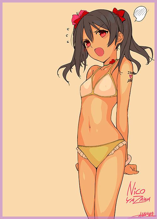 1girl bikini black_hair blush character_name katsurai_yoshiaki love_live!_school_idol_project navel open_mouth purple_border red_eyes solo swimsuit twintails yazawa_nico