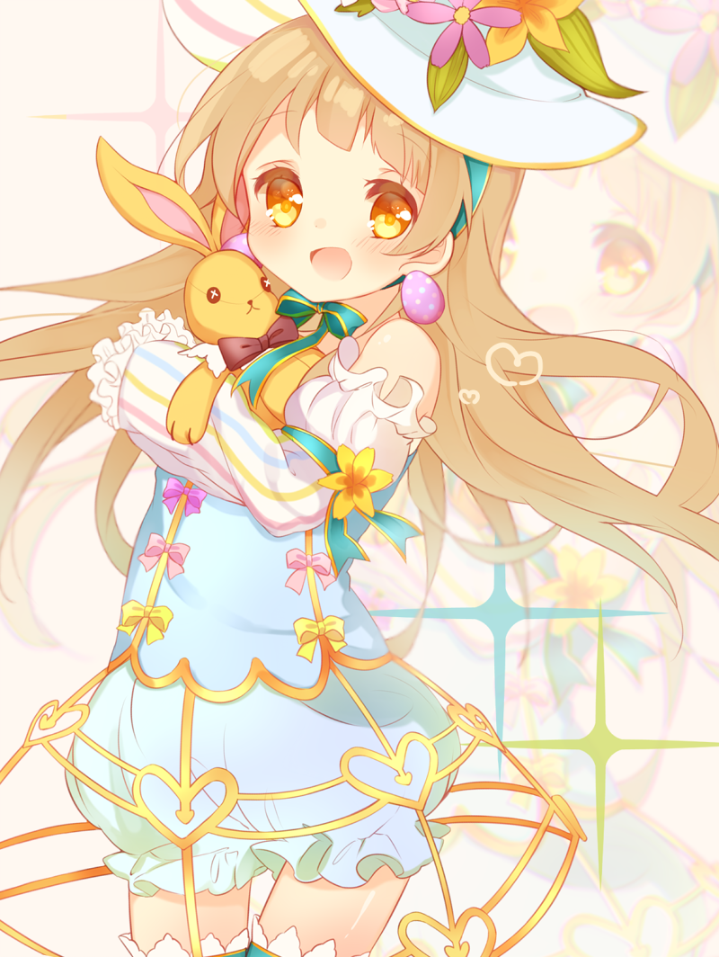 1girl :d bangs bow brown_hair button_eyes detached_sleeves earrings easter_egg egg_earrings flower hat hat_flower jewelry love_live!_school_idol_project minami_kotori open_mouth pumpkin_pants ribbon sleeves_past_wrists smile solo stuffed_animal stuffed_bunny stuffed_toy suzuhara_(13yuuno) yellow_eyes