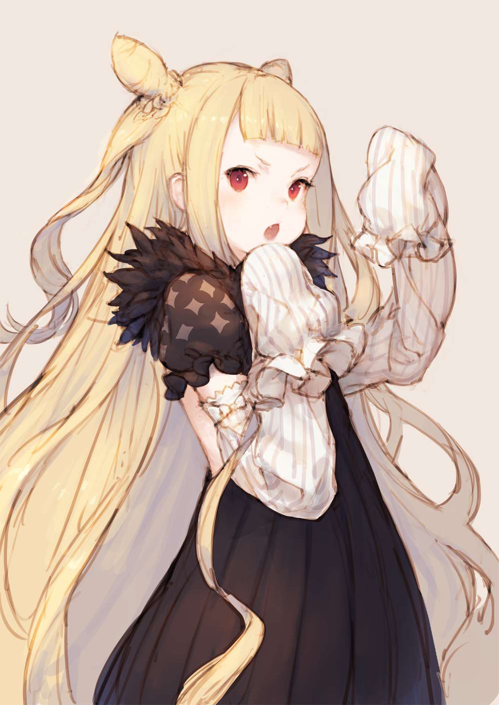 1girl black_dress blonde_hair detached_sleeves dress fang highres junwool long_hair looking_at_viewer open_mouth original red_eyes simple_background sleeves_past_wrists solo white_background
