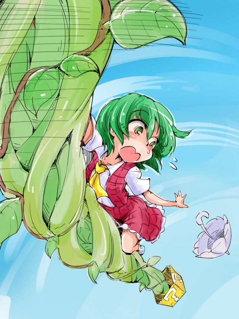 1girl ?_block alternate_eye_color ascot beanstalk check_translation climbing clouds collared_shirt commentary dropping flying_sweatdrops from_above green_eyes green_hair hips kazami_yuuka looking_back open_mouth parasol plaid plaid_skirt plaid_vest shinapuu shirt short_hair short_sleeves skirt socks solo thighs touhou translation_request umbrella