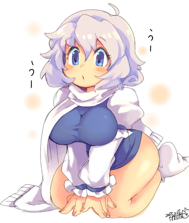 1girl blue_eyes bottomless breasts dated dress_shirt iroyopon kneeling large_breasts lavender_hair letty_whiterock long_sleeves no_hat no_headwear puffy_sleeves scarf shirt short_hair signature simple_background socks solo text touhou uu~ vest white_background white_legwear