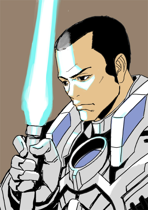 1boy armor black_hair decoponmagi doug_(xenoblade_x) energy_sword lightsaber solo sword weapon xenoblade_chronicles_x